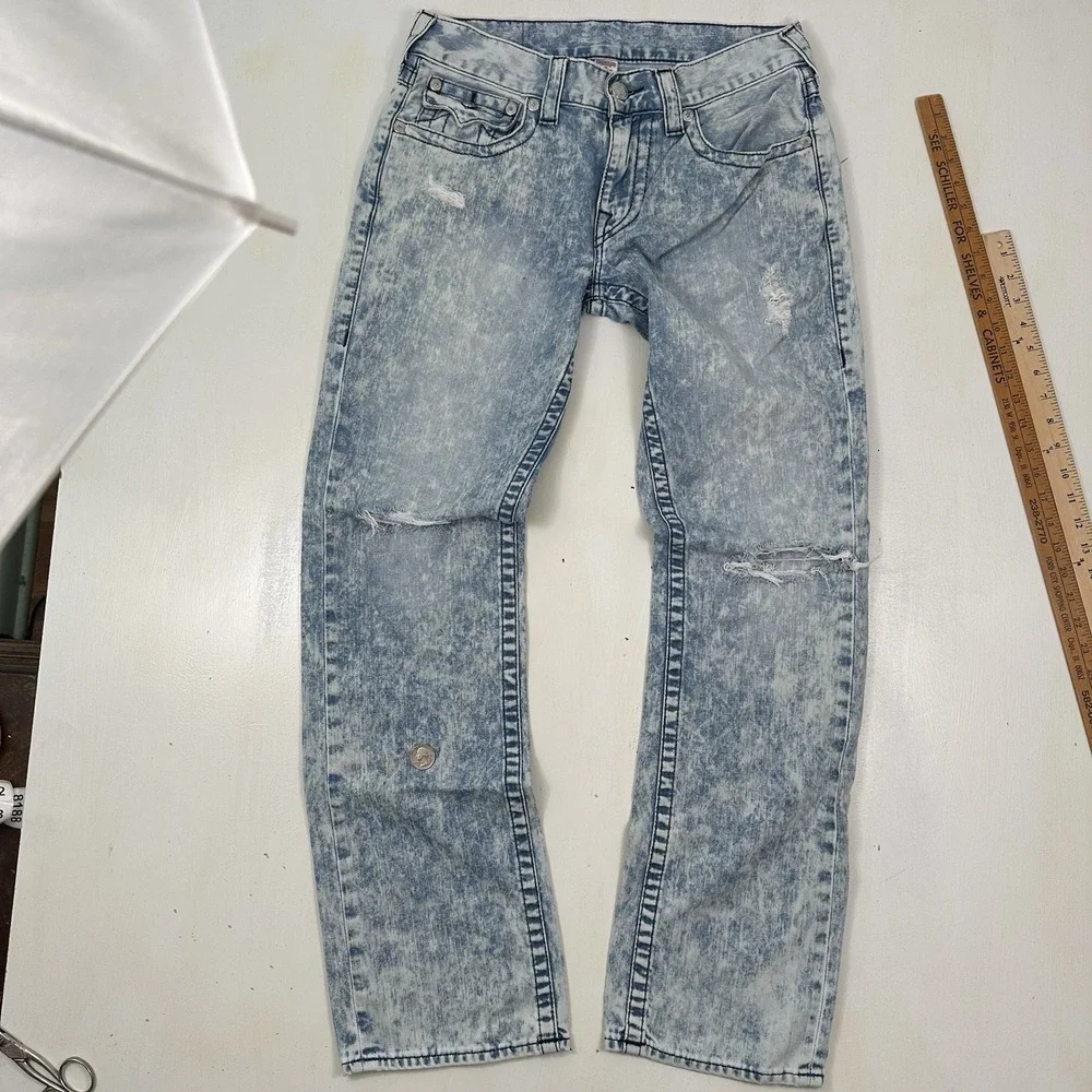 VTG True Religion Acid Wash Straight Jeans Men 31x32 Blue Distressed Flap Pocket